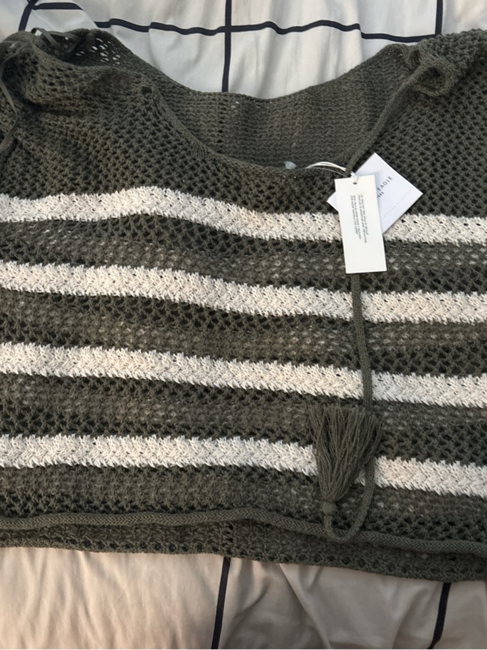 American Eagle Outfitters Olive and Cream Striped Open-Weave Sweater